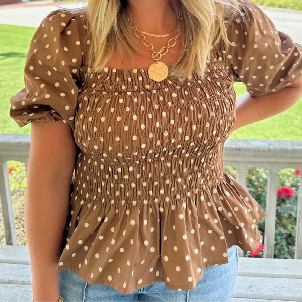 Brown Polka Dot Smocked Top - Picture 3 of 4